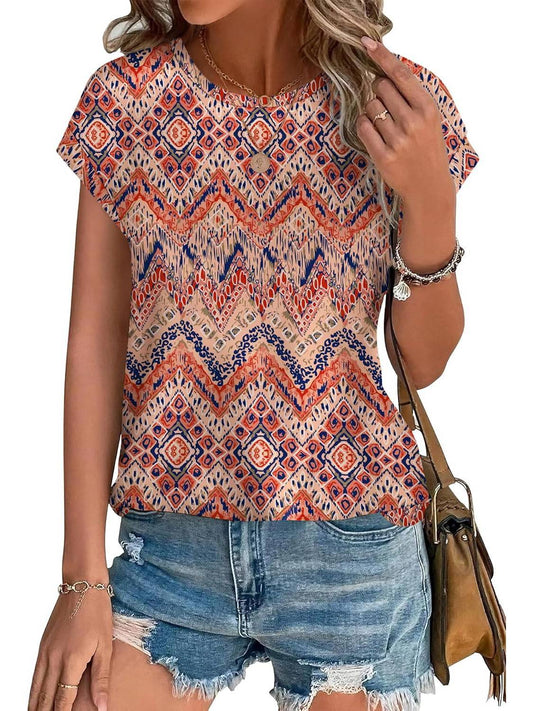 Angie | Women's Leaf Print Crew Neck Cap Sleeve Relaxed Top