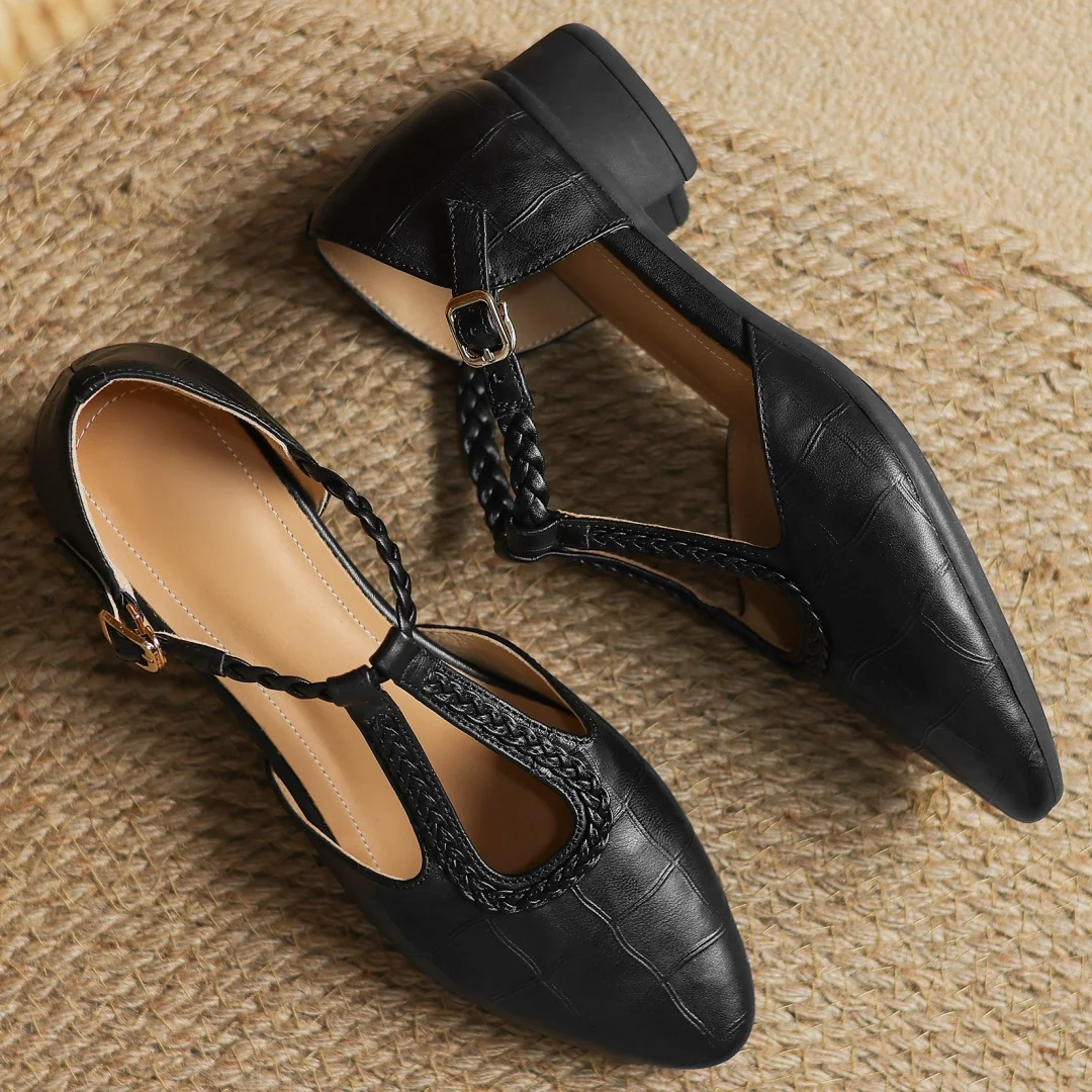 Colleen | Women's Leather T-Strap Mary Jane Flats Pointed Toe Flat