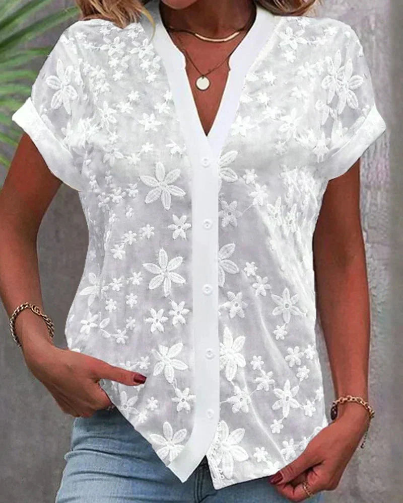 Nicole | Women's Short Sleeve Botanical Lace Button-Down Blouse