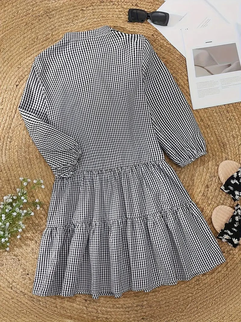 Aurora | Women's Gingham Print Button-Through Short Dress Three-Quarter Sleeve