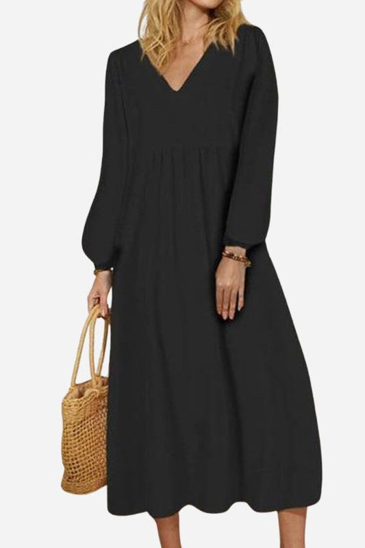 Athena | Women's V-Neck Smocked Waist Mid-Length Dress with Balloon Sleeves