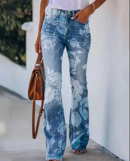 Angie | Women's Botanical Print High Waist Flare Jeans
