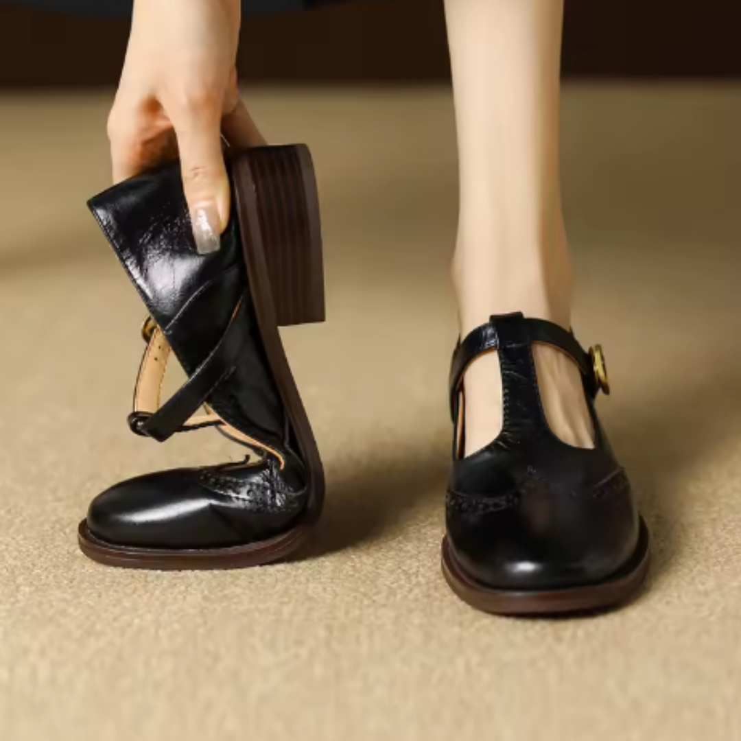 Selena | Women's Leather T-Strap Mary Jane Shoes Low Block Heel