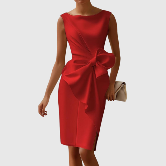 Emma | Women's Boat Neck No-Sleeve Mid-Length Dress with Bow Detail