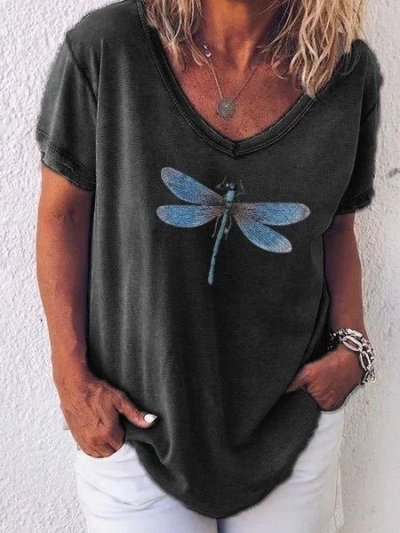 Bianca | Women's Dragonfly Print V-Neck Short Sleeve Relaxed Tee