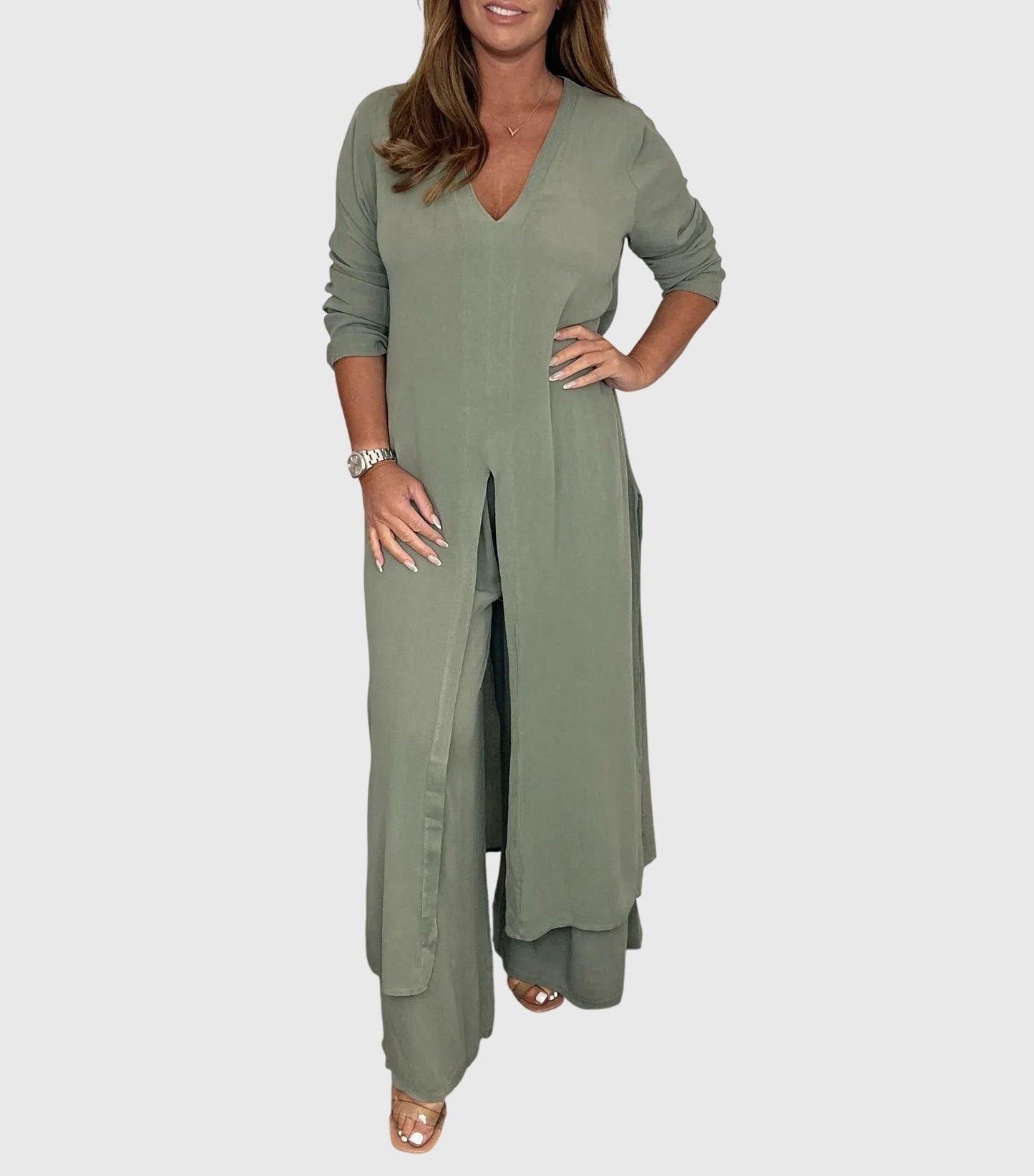 Nicole | Women's Duster Cardigan Two-Piece Set Wide Leg Pants