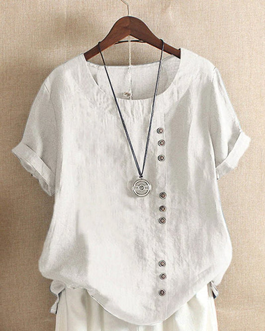 Alice | Women's Button Front Crew Neck Short Sleeve Relaxed Top