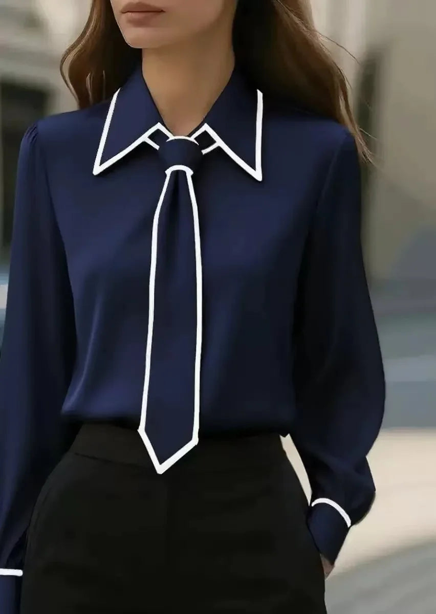 Alexa | Women's Long Sleeve Tie Neck Blouse Contrast Collar