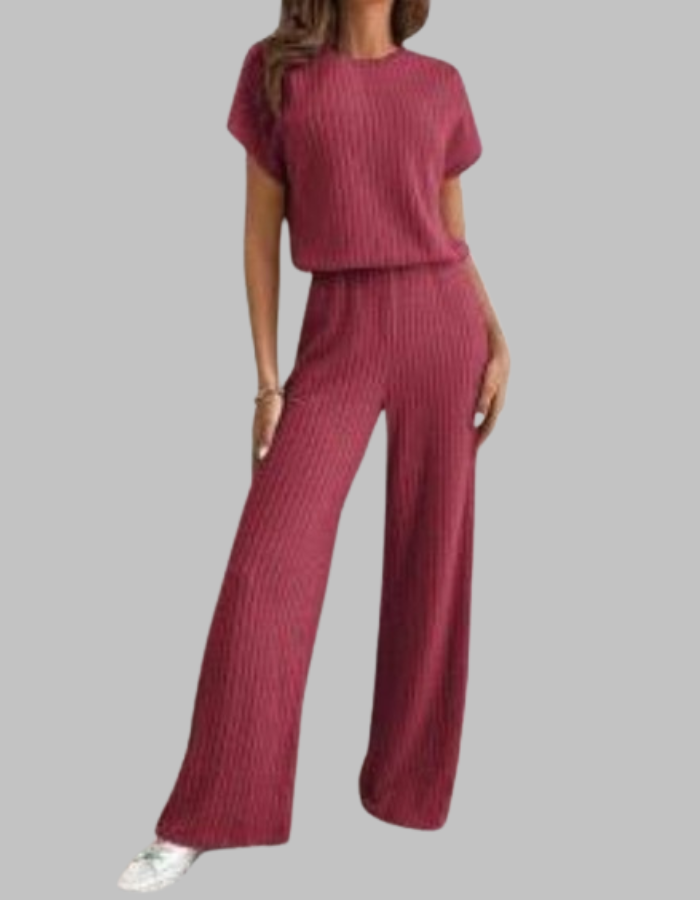Carol | Women's Ribbed Two Piece Set Short Sleeve Top Wide Leg Pants