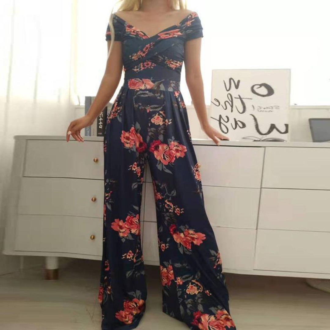 Nikki | Women's Floral Wide-Leg Jumpsuit Off Shoulder Wrap Bodice