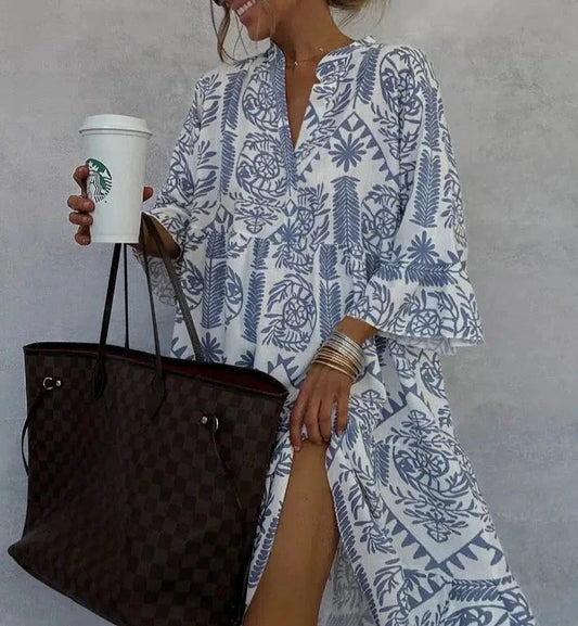 Rebecca | Women's Bohemian Print V-Neck Three-Quarter Sleeve Swing Dress