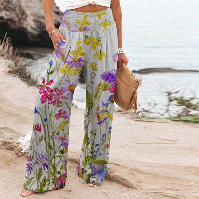 Heather | Women's Floral Wide Leg Pants High Waist Relaxed Summer