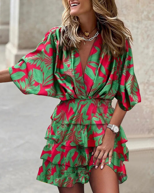 Taylor | Women's Printed Ruffle Short Dress V-Neck Smocked Waist Bohemian Dress