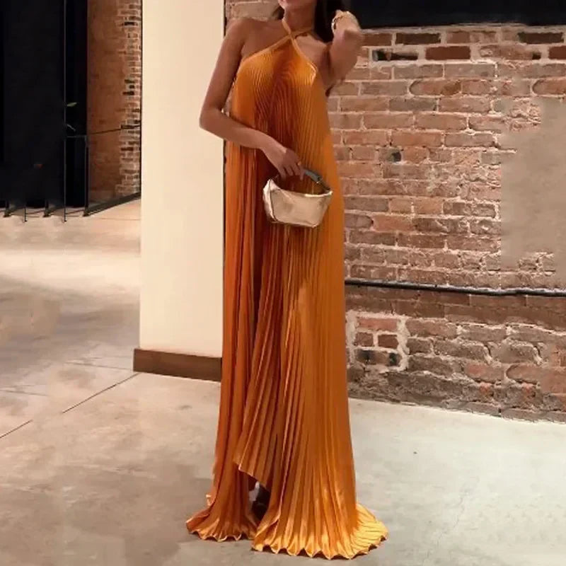 Skylar | Women's Wedding Guest Pleated Halter Maxi Dress Evening