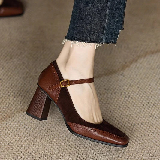 Ellie | Women's Square Toe Block Heel Pumps Ankle Strap Brogue