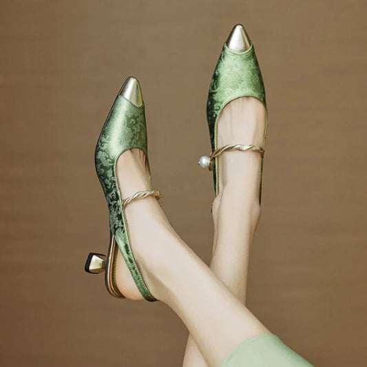Evelyn | Women's Pearl Strap Slingback Kitten Heels Pointed Toe Pumps