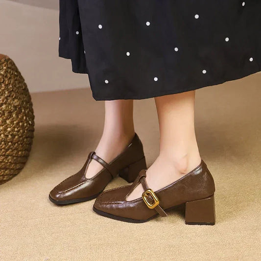 Cheryl | Women's Square Toe Mary Jane Heels Block Heel Gold Buckle