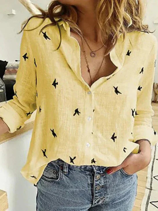 Brianna | Women's Button-Down Shirt Long Sleeve Bird Print Blouse