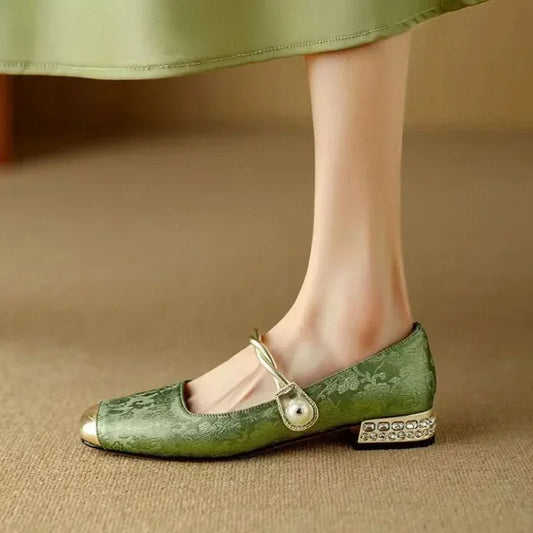 Alicia | Women's Pearl Strap Mary Jane Shoes Glitter Block Heel