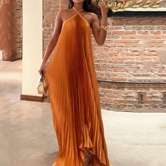 Skylar | Women's Wedding Guest Pleated Halter Maxi Dress Evening