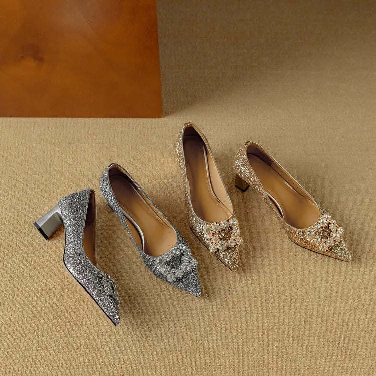 Carmen | Women's Glitter Block Heel Pumps Pointed Toe Crystal Buckle