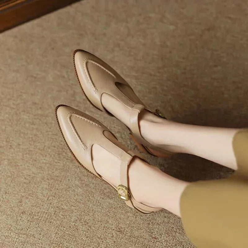 Stephanie | Women's T-Strap Buckle Shoes Pointed Toe Low Heel Flats