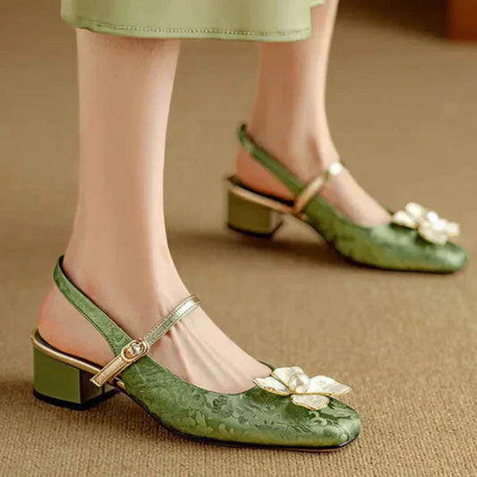 Chelsea | Women's Botanical Slingback Pumps Square Toe Block Heel Shoes