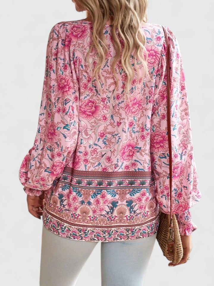 Gloria | Women's Botanical Boho Blouse V-Neck Puff Sleeve Top