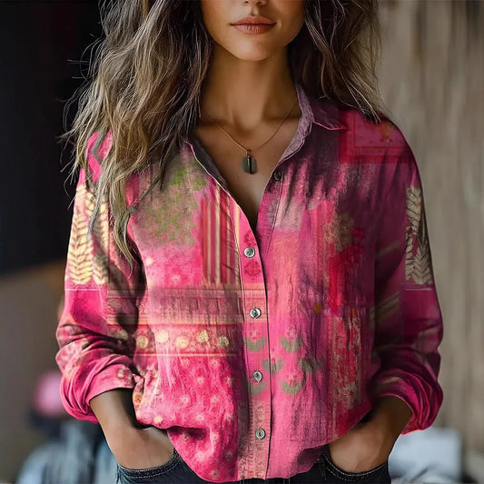Beverly | Women's Retro Floral Print Long Sleeve Button-Down Shirt