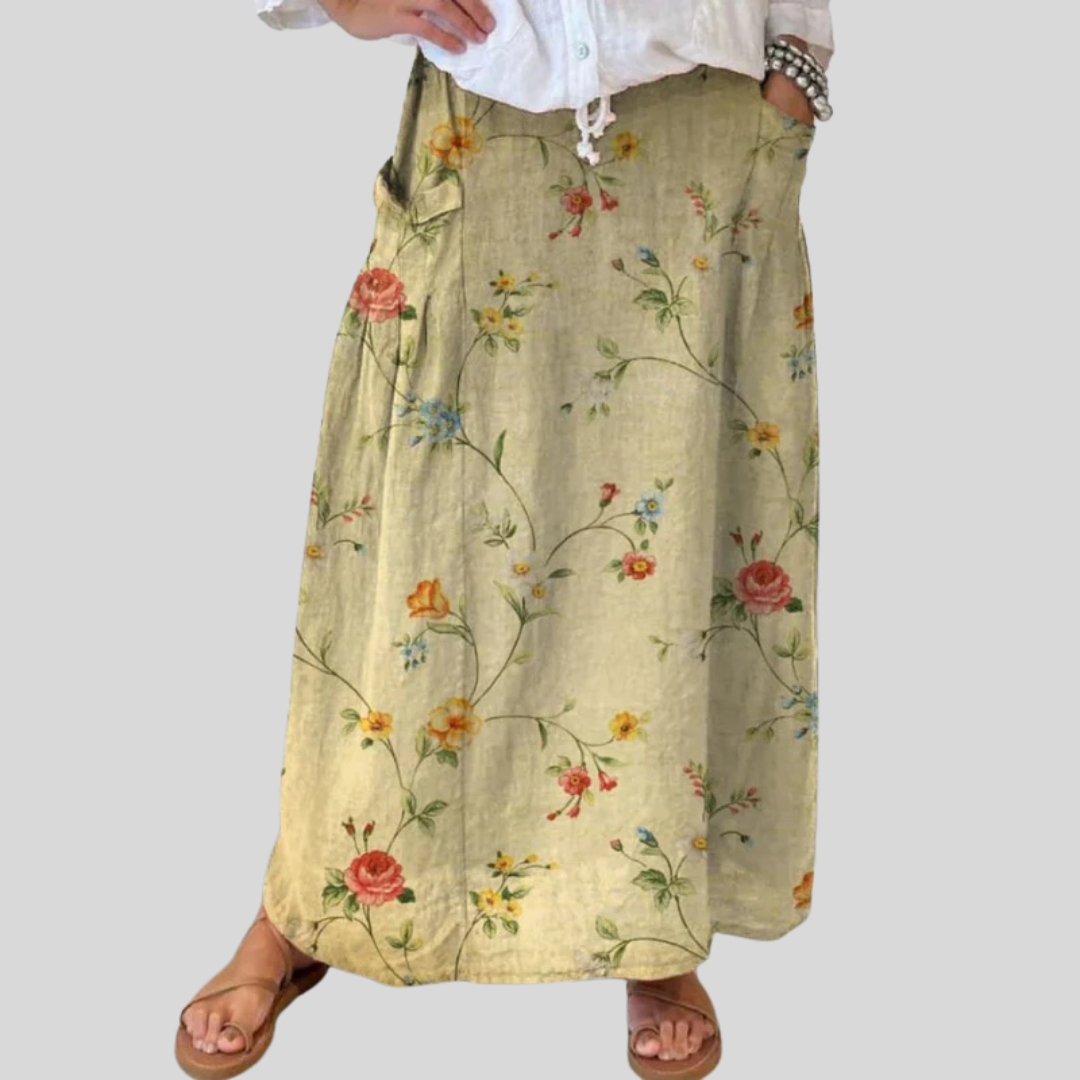 Angie | Retro Refined Floral Art Elastic waistband Pocket Skirt