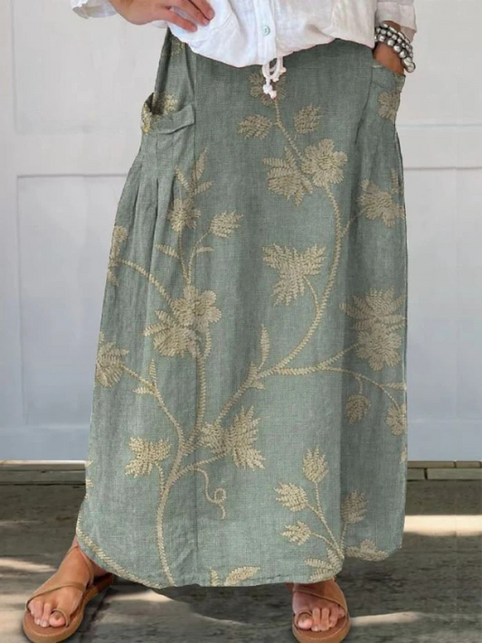 Angie | Retro Refined Floral Art Elastic waistband Pocket Skirt