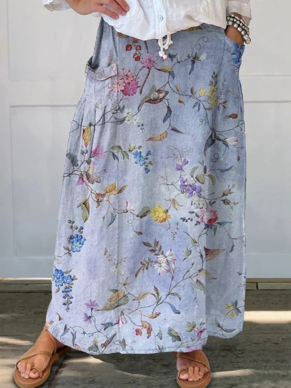 Barbara | Refined Vintage Blue Print Pocket Skirt