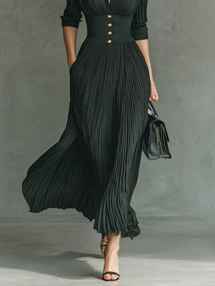 Annabelle | Refined Pleated Lapel Waist Maxi Dress