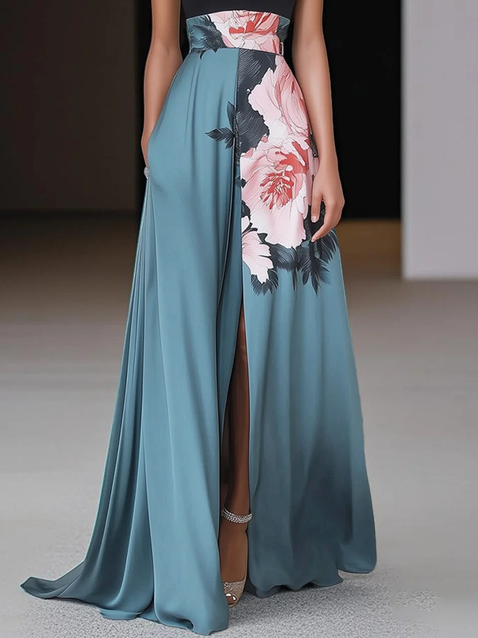 Elena | Black Slit Floral Classic Crew Neck No-Sleeve A-Line Maxi Dress