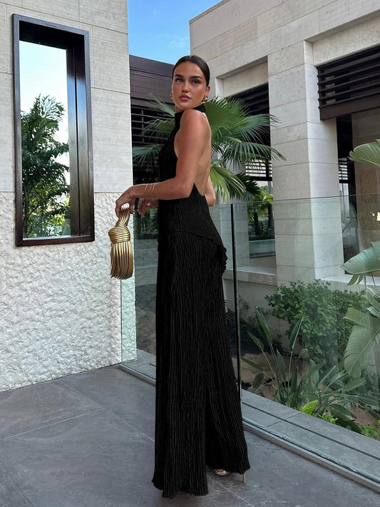Ruth | Women's Halter Neck Pleated Top & Wide Leg Pants Set