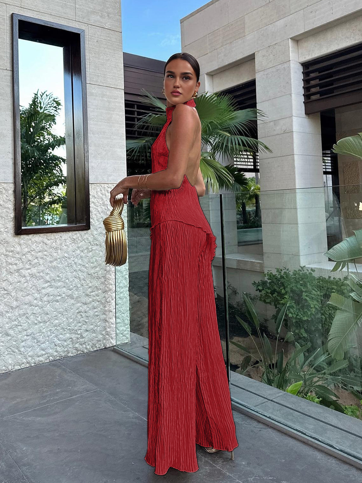 Ruth | Women's Halter Neck Pleated Top & Wide Leg Pants Set