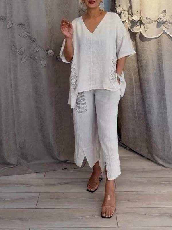 Nicole | Women's Relaxed 2 Piece Set V-Neck Top and Cropped Pants