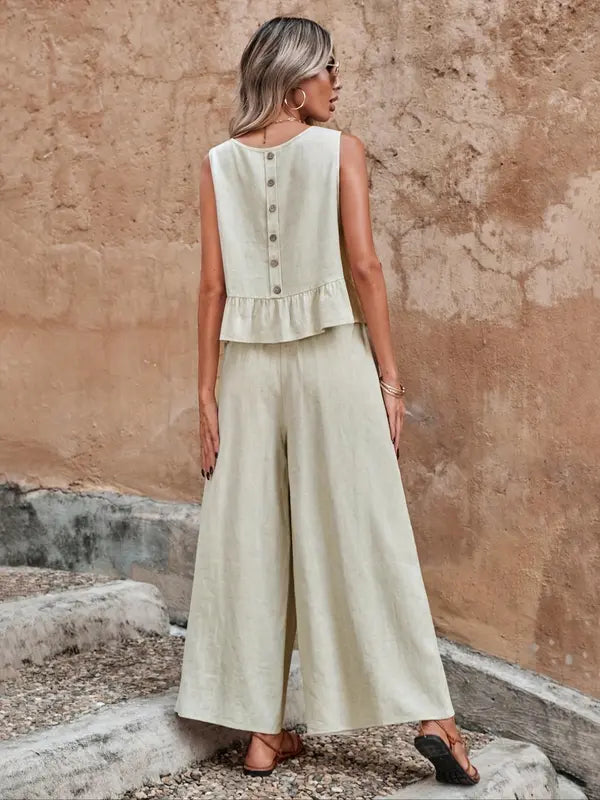 Alexa | Women's Sleeveless Ruffle Top & Wide Leg Pants Set