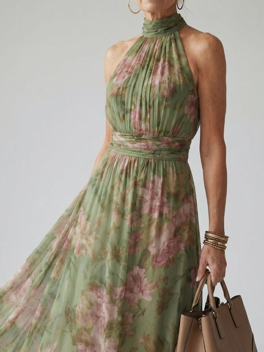 Elena | Women's Botanical Halter Mid-Length Dress