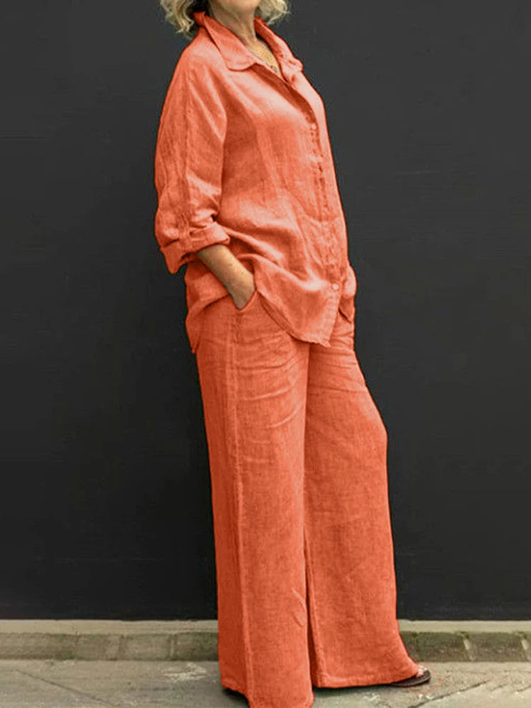 Sandra | Women's 2 Piece Set Long Sleeve Shirt Wide Leg Pants