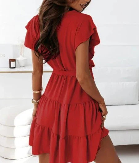 London | Women's Wrap Short Dress Flutter Sleeve Ruffle Belted
