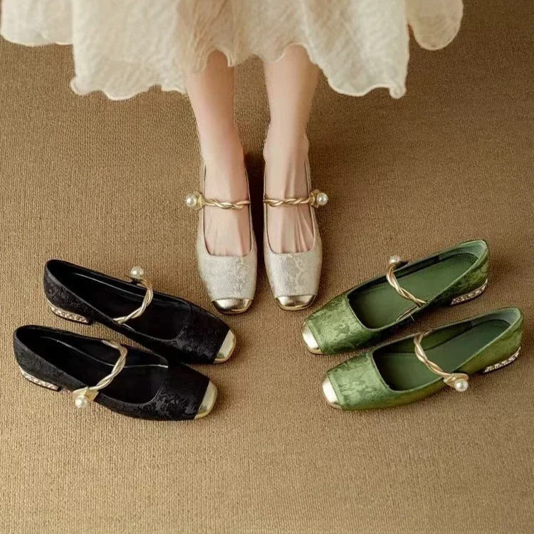 Alicia | Women's Pearl Strap Mary Jane Shoes Glitter Block Heel