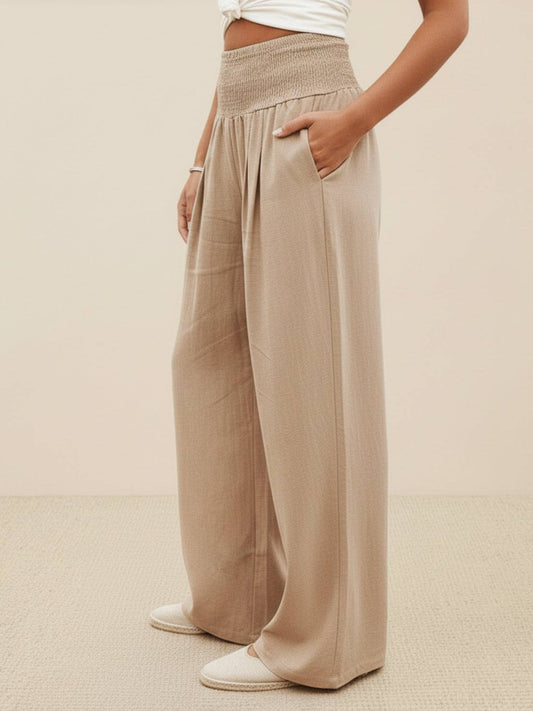 Mackenzie | Women's High Waist Wide Leg Pants Smocked Waistband