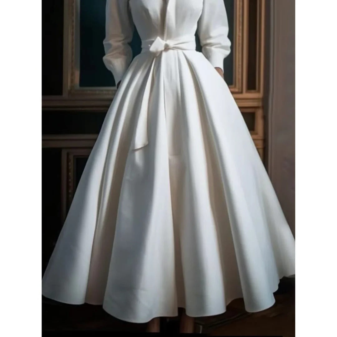 Kinsley | Women's Full Sleeve V-Neck A-Line Mid-Length Dress with Belt