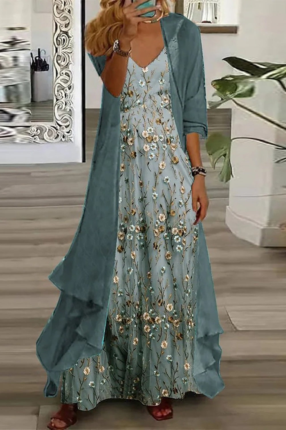 Genesis | Women's Floral Maxi Dress Set V-Neck with Duster Cardigan
