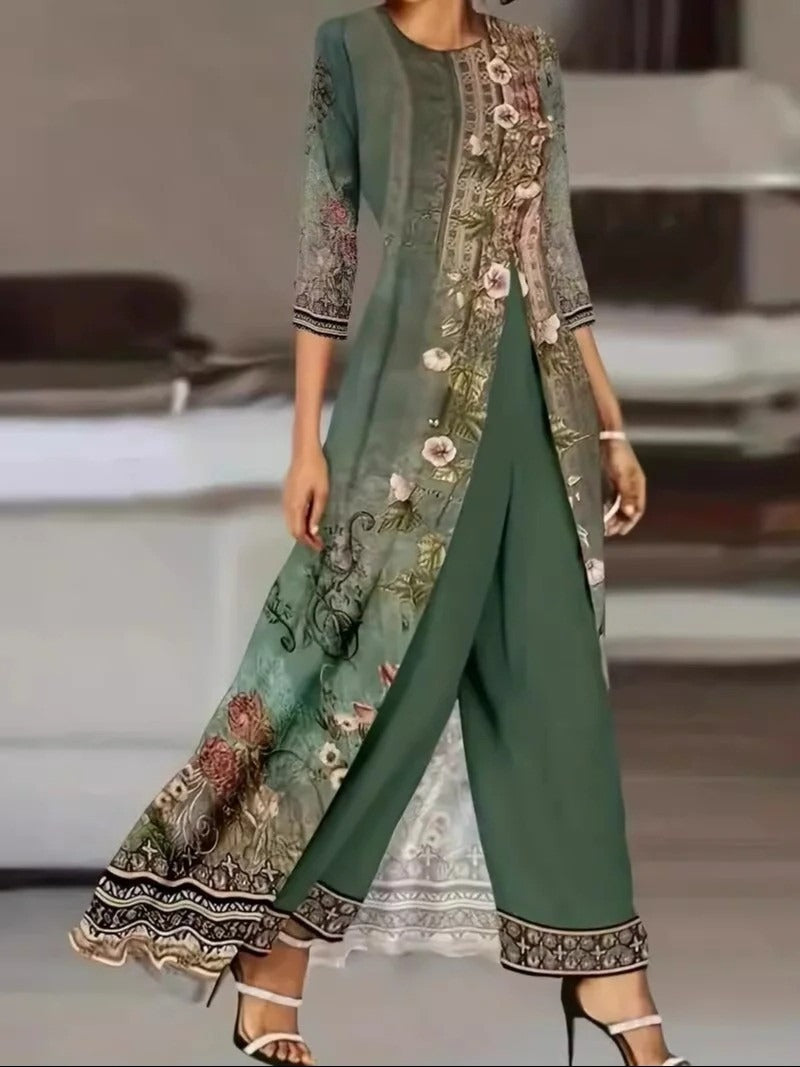 Alexis | Women's Botanical Print Two-Piece Set Long Top & Wide Leg Pants