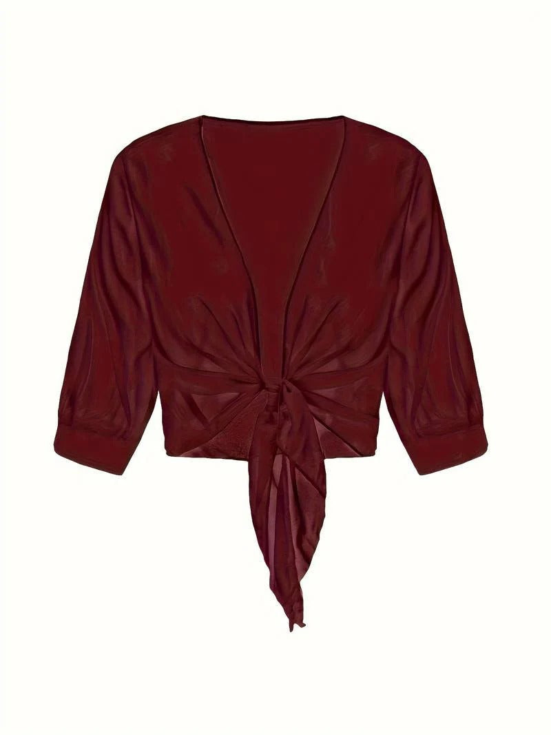 Jasmine | Women's Tie Front Sheer Blouse Open Front 3/4 Sleeve Top
