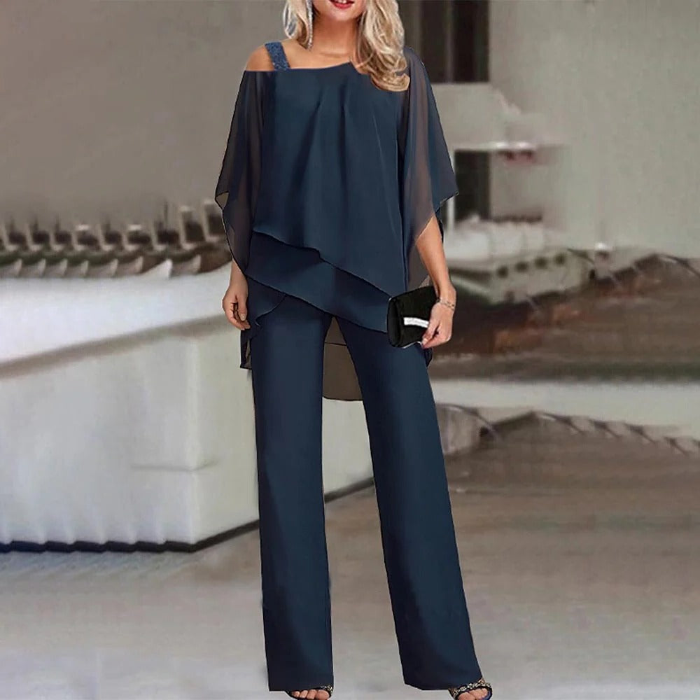 Ashley | Women's Cold Shoulder Chiffon Overlay Wide-Leg Jumpsuit