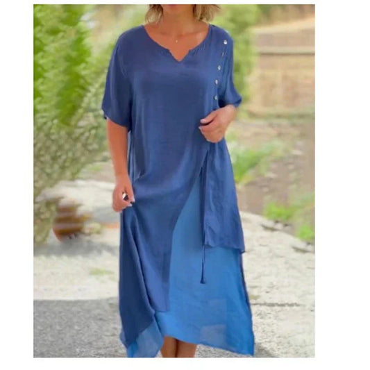 Robin | Women's Layered Mid-Length Dress Short-Sleeved V-Neck