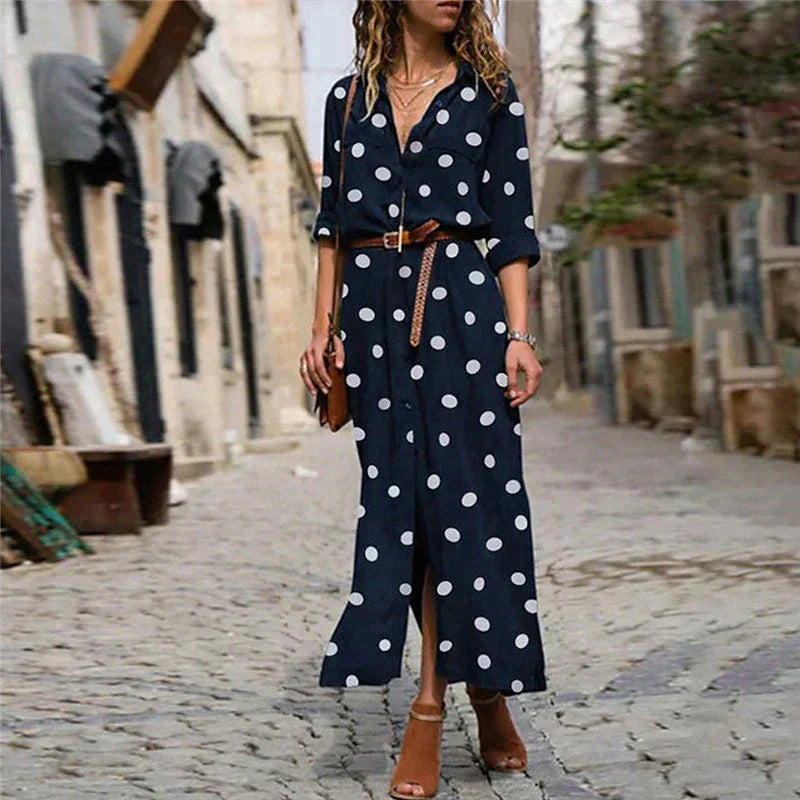 Tiffany | Women's Polka Dot Maxi Dress Full Sleeve Button-Through Button-Up Dress